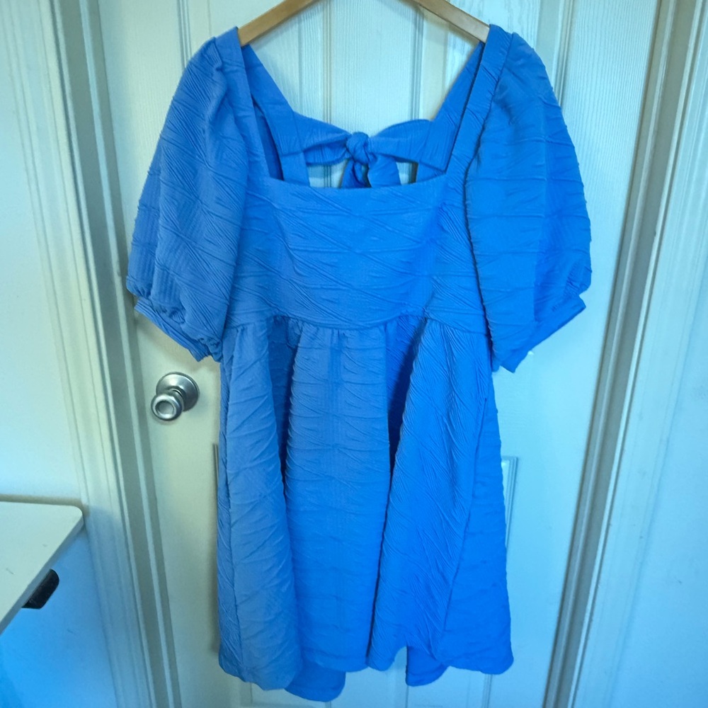 Free People Textured Blue Bubble Sleeve Tie‑Front Crinkle Mini Dress – XL –